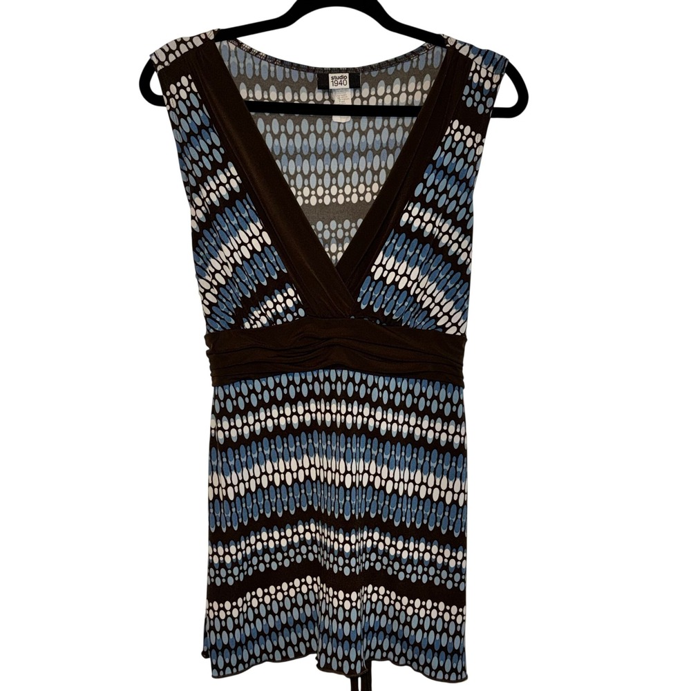 Studio 1940 Womens Blue‎ Brown Geometric Oval Print V-Neck Tunic Top XL 3-288B